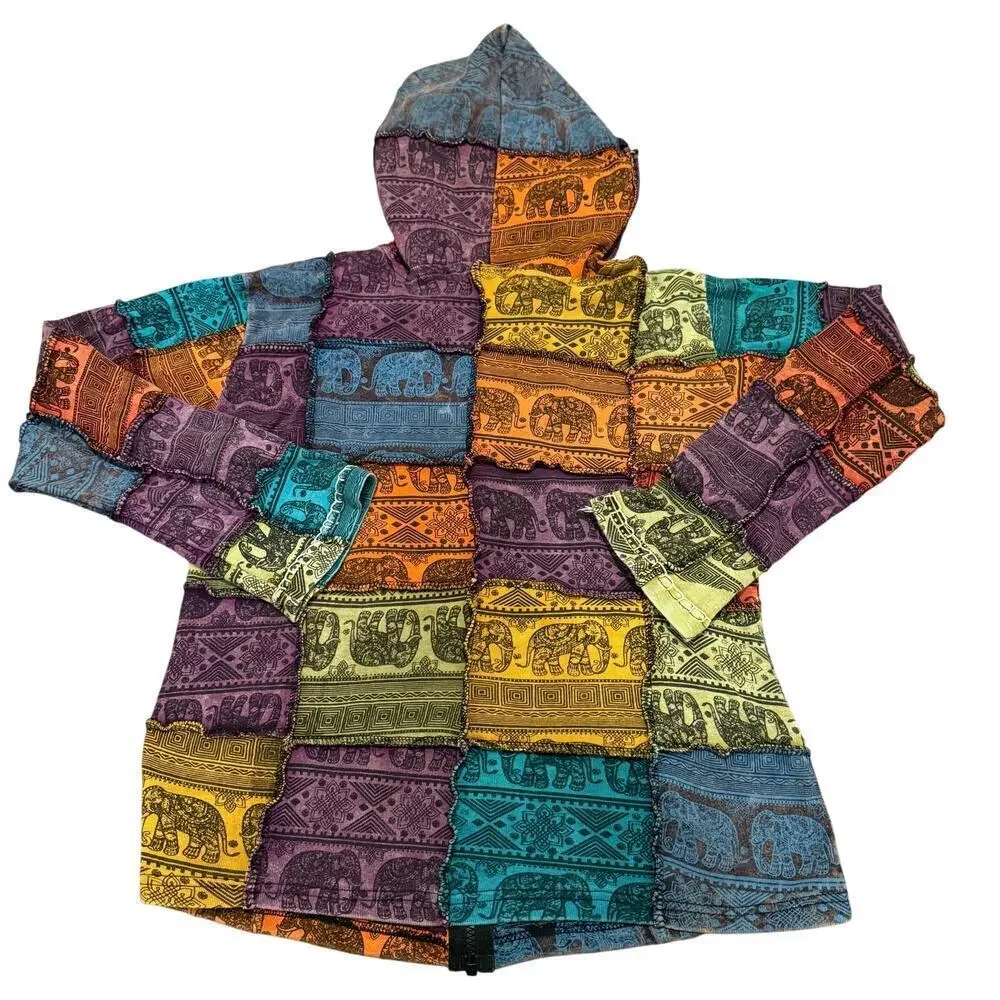 Karma Circle Patchwork Elephant Zip Hoodie Boho Hippie Festival Jacket Small